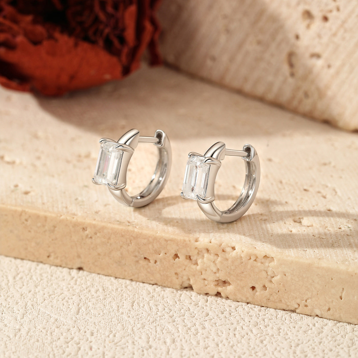 925 Sterling Silver Emerald-Cut Moissanite Hoop Earrings