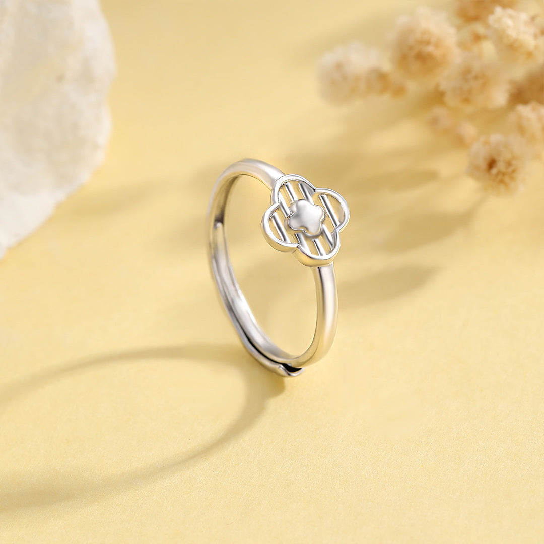 Sterling Silver Clover Ring For Women Adjustable Open Tail Elegant Luxury Planderful Collection