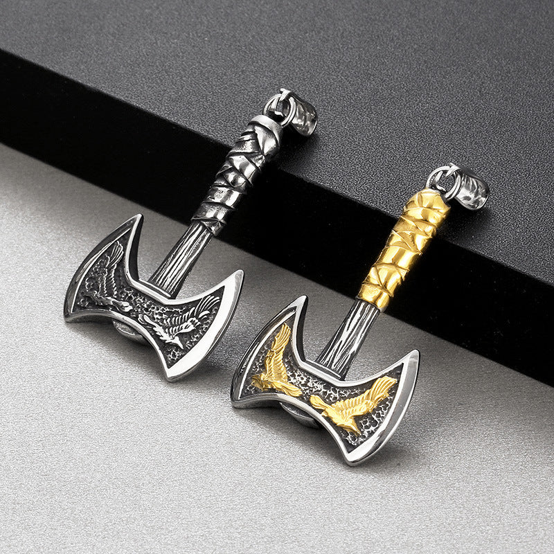 Titanium Steel Viking Crow Double-Headed Axe Pendant for Men - Nordic Mythology Inspired Hip-Hop Jewelry