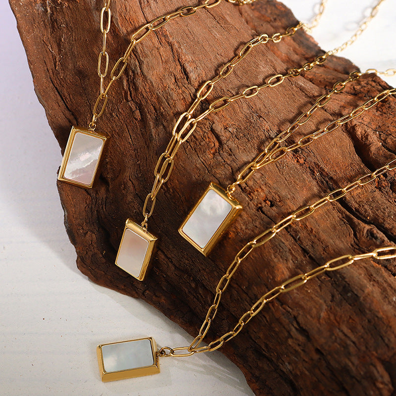 Opulent French Style Square White Poster Necklace - Elegant Titanium Gold Chain