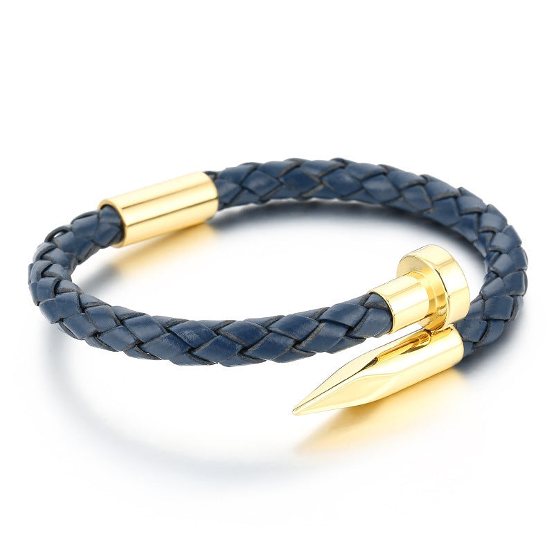 Cowhide Woven Stainless Steel Nail Bracelet – Men's Magnetic Buckle Leather Bracelet