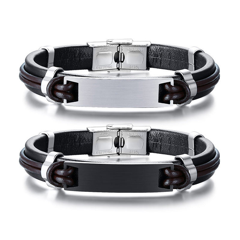 Stainless Steel Leather Bracelet for Men, Black European Style