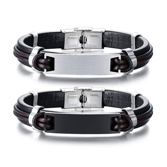 Stainless Steel Leather Bracelet for Men, Black European Style