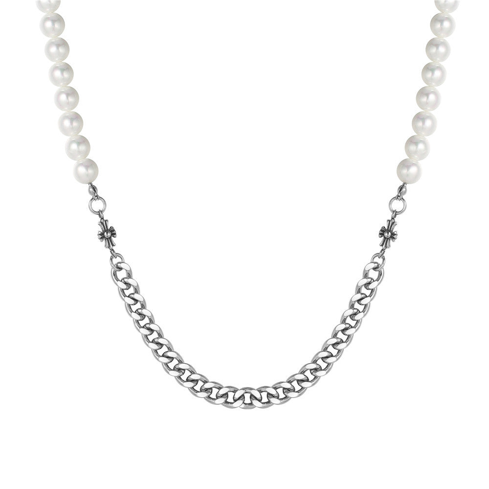 Planderful Korean Pearl Chain Cross Titanium Necklace For Unisex Hip Hop Style And Bold Statement