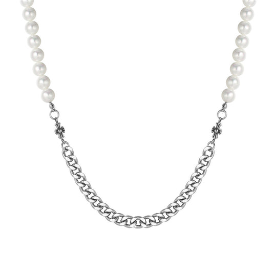 Planderful Korean Pearl Chain Cross Titanium Necklace For Unisex Hip Hop Style And Bold Statement