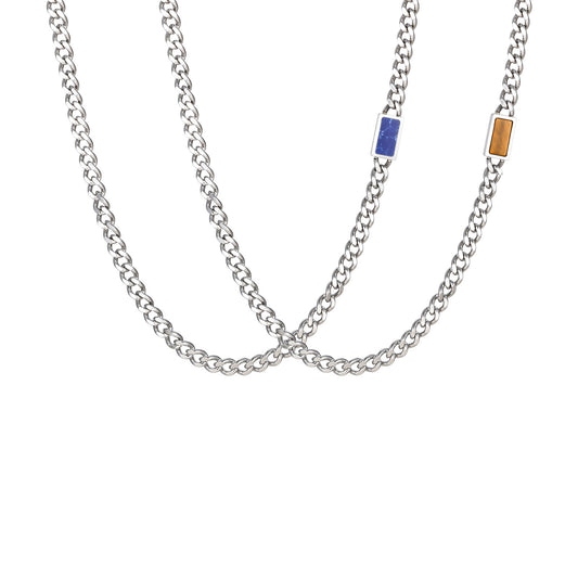 Stainless Steel Grinding Chain Square Tiger's Eye Stone Shape Sense Cool Sa Necklace
