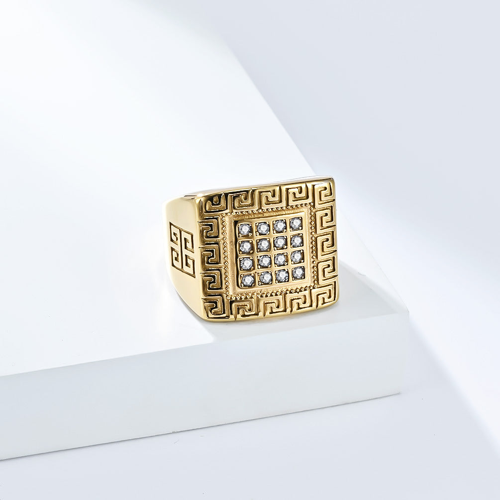 Planderful Mens Titanium Steel Ring 18K Gold Plated Great Wall Pattern With Zircon Hip Hop Trendy Hand Jewelry