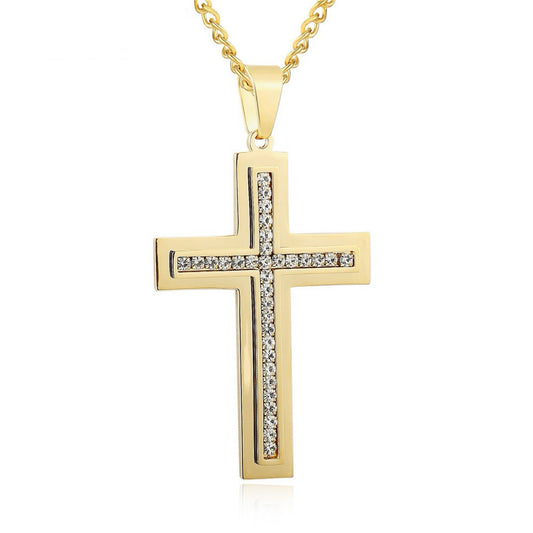 Planderful Zircon Inlaid Bold Double Layer Cross Pendant Necklace For Men Steel Hip Hop Everyday Wear