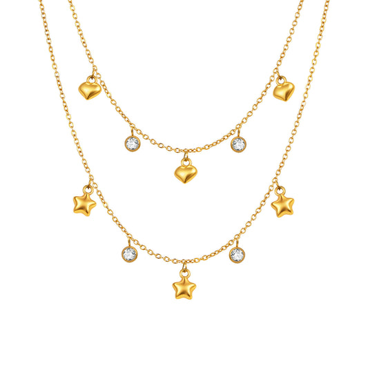 Women's Style Necklace Stainless Steel Flat Cross Chain Zircon Five-Pointed Star Heart