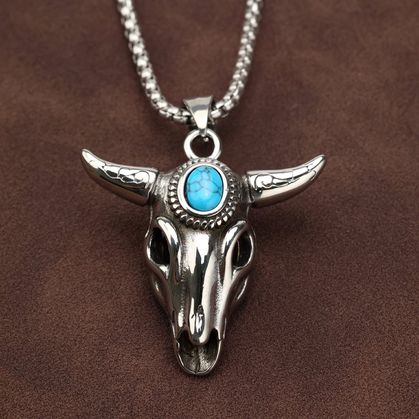 Planderful Ox Head Turquoise Pendant For Men Retro Stainless Steel Zodiac Necklace