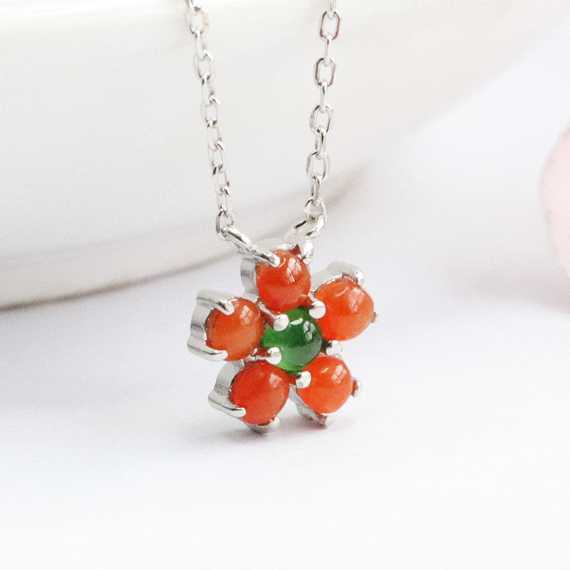 Ice Green and Red Jade Flower Necklace in Sterling Silver