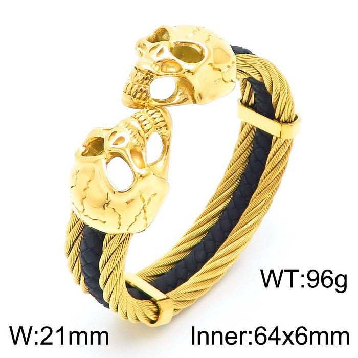 Planderful Mens Skull Wolf Head Steel Leather Bracelet