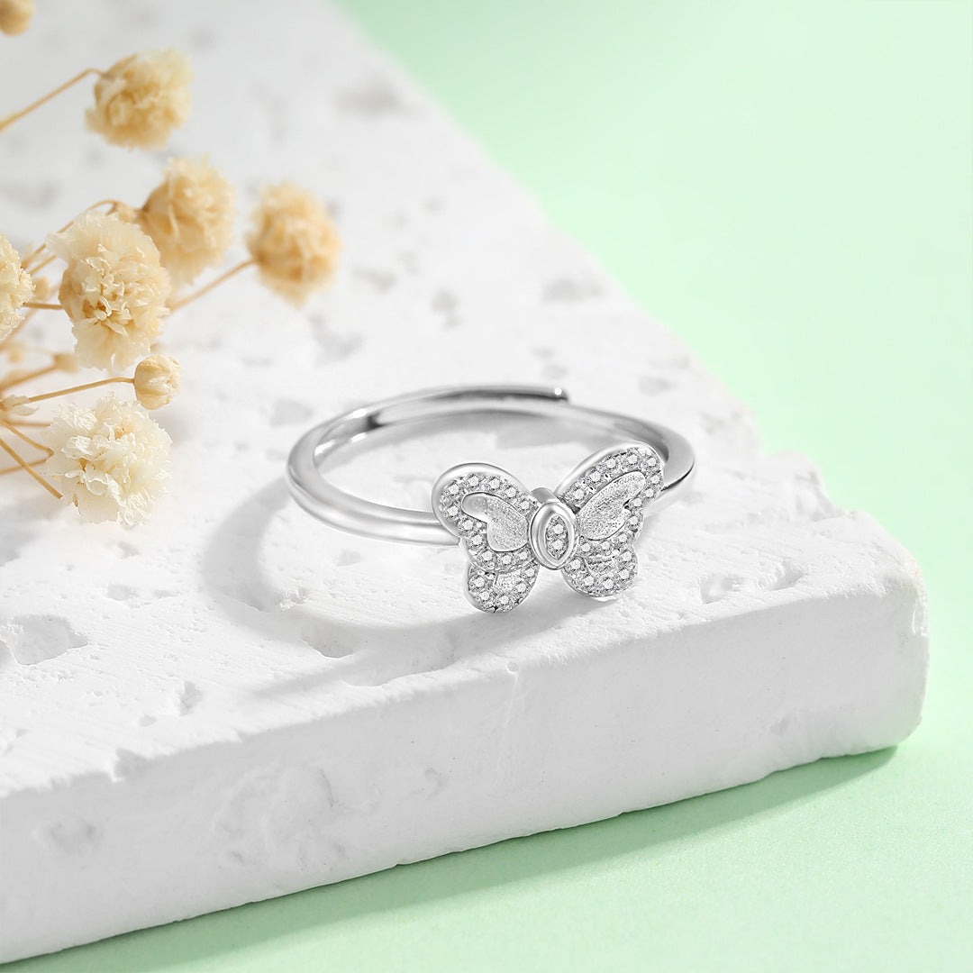 Planderful S925 Sterling Silver Brushed Butterfly Ring For Women Elegant Forest Style Adjustable Size