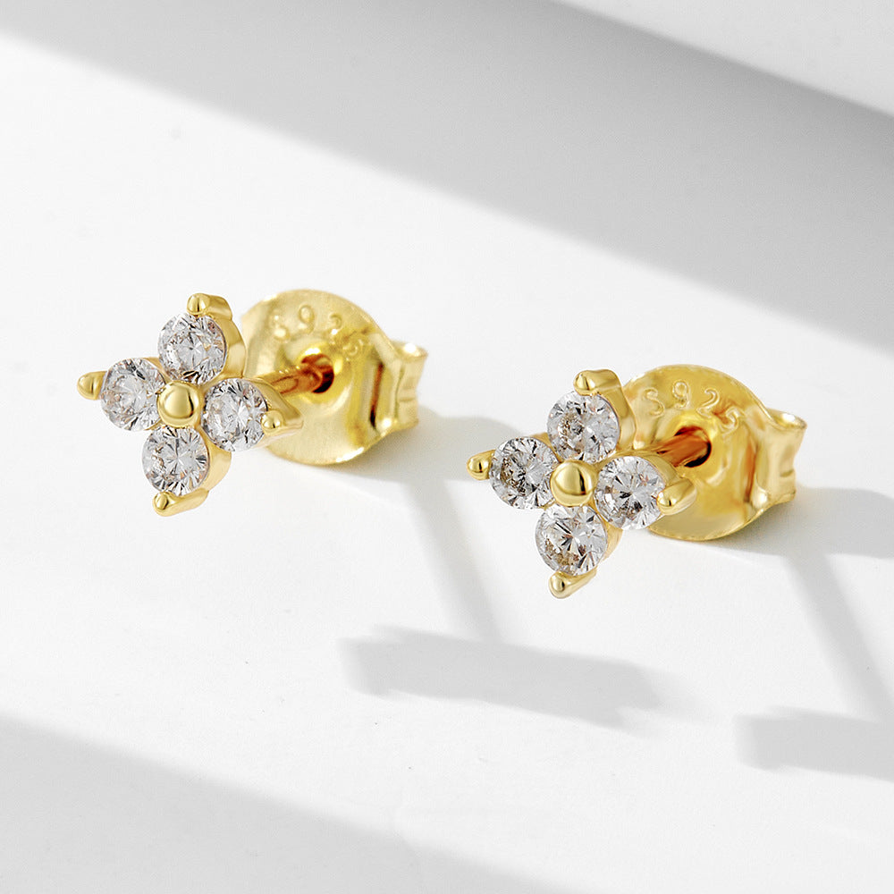 S925 Sterling Silver Four-Leaf Clover Zircon Stud Earrings