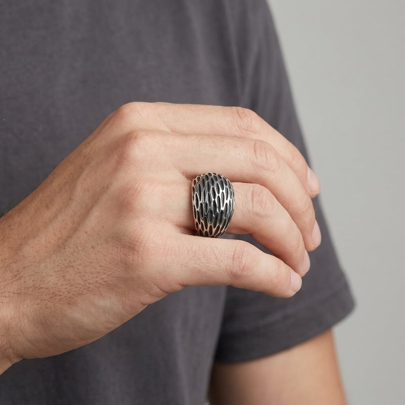 Creative Old 16mm Arc Hammer Titanium Steel Ring Punk Style Retro Spherical Stainless