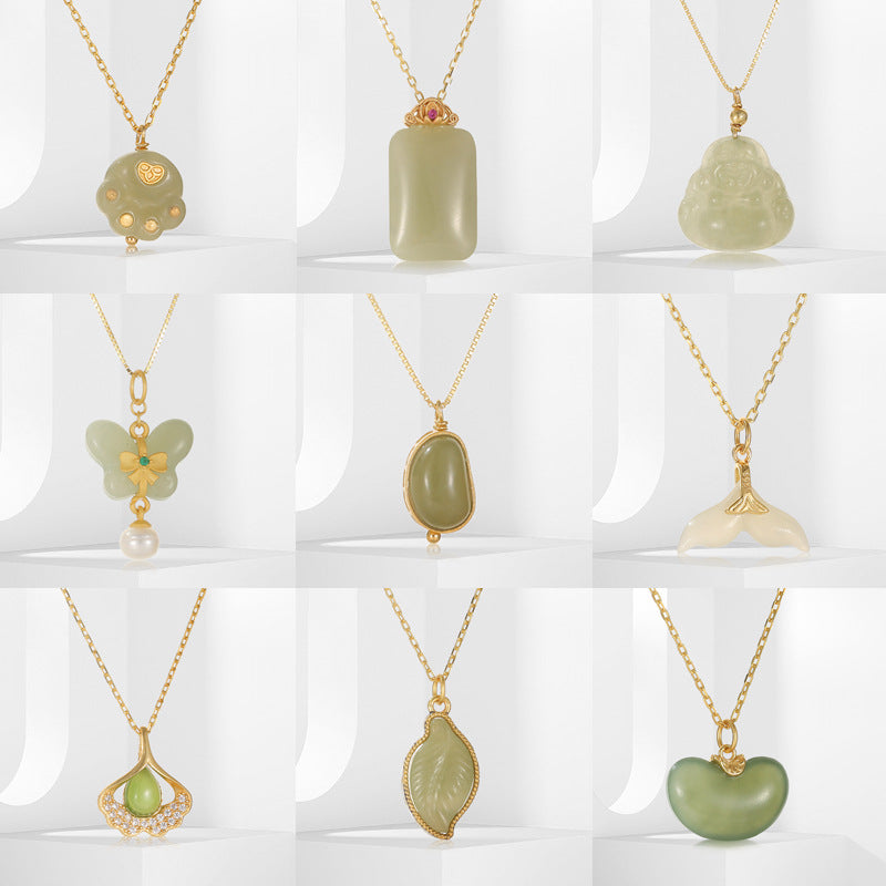 925 Sterling Silver Hetian Jade Cat Paw & Butterfly Necklace