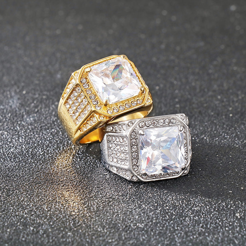 Planderful Luxury Zircon Ring for Men Gold Plated Titanium