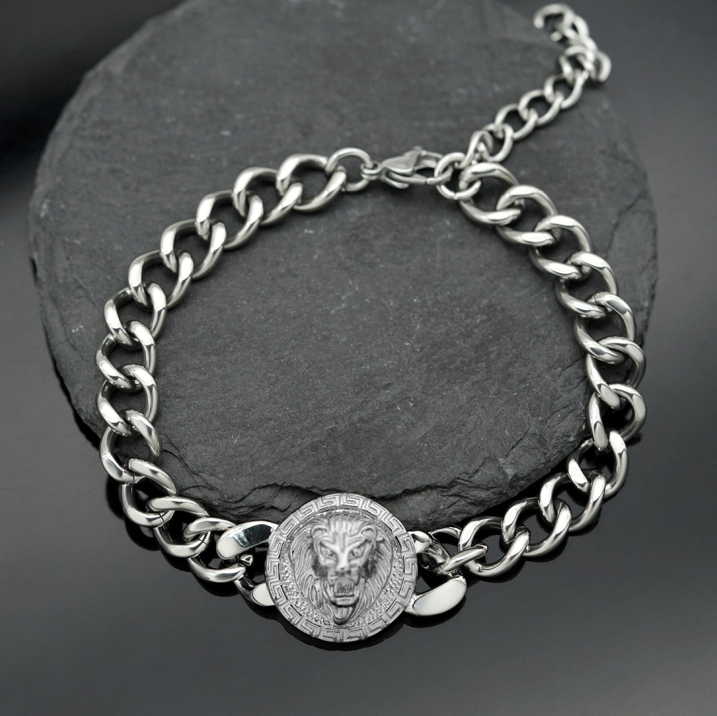 Planderful Stainless Steel Great Wall Pattern Lion Head Disc Cuban Chain Bracelet Unisex Protection Statement