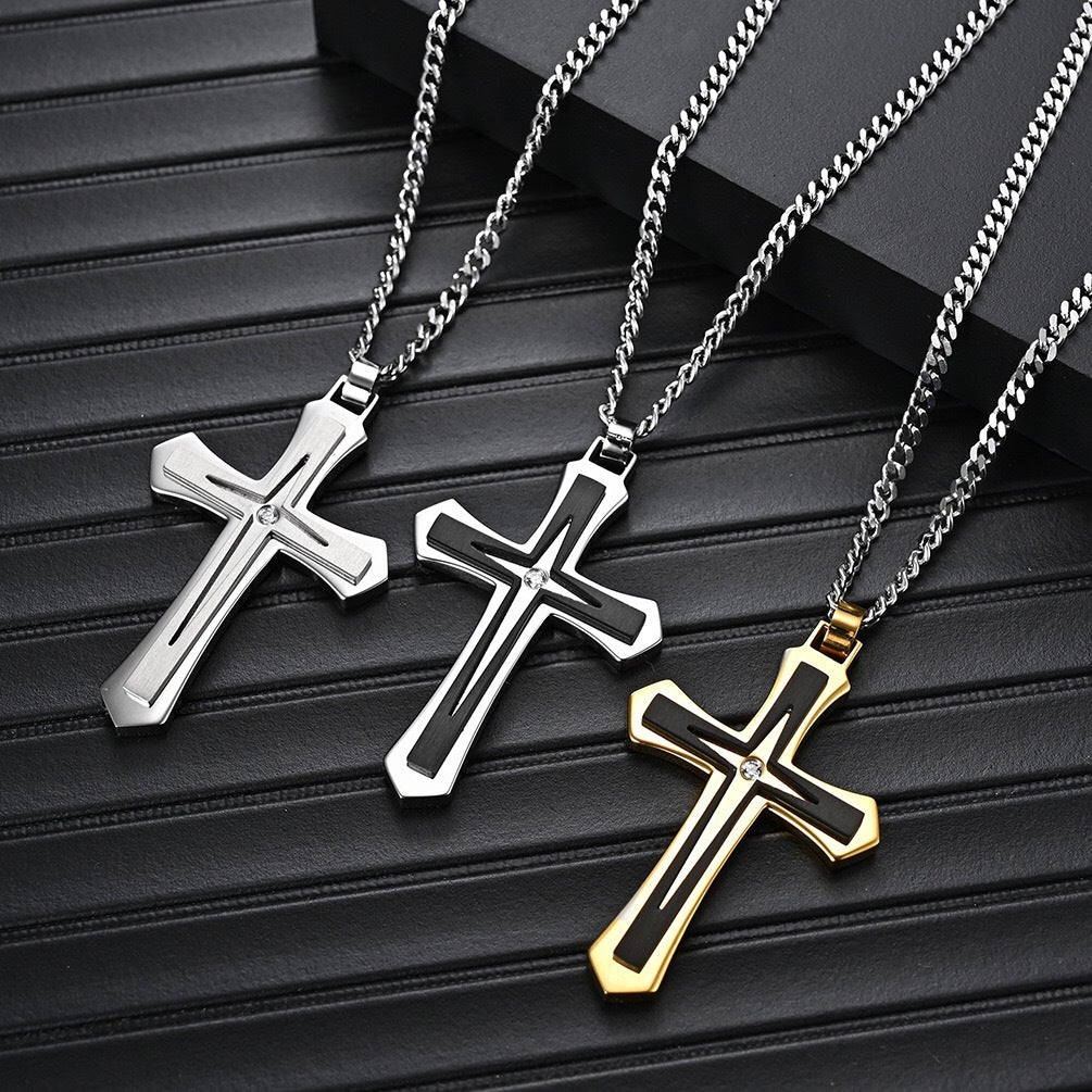 Planderful Titanium Steel Double Cross Hip Hop Necklace For Men Durable Stainless Steel Jewelry