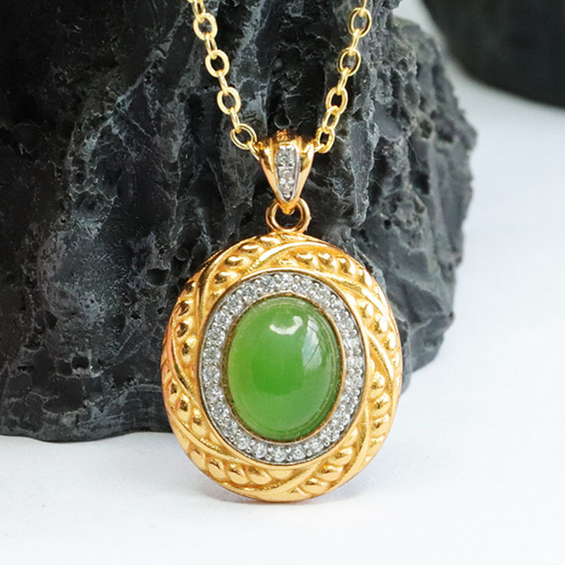Vintage Antique Necklace with Hotan Jade and Zircon Oval Pendant