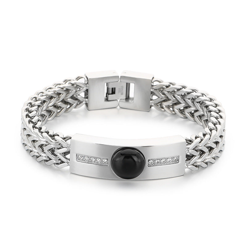 Blue Gold Black Pine Obsidian Inlaid Zircon Curved Bar Front & Back Chain Stainless Bracelet