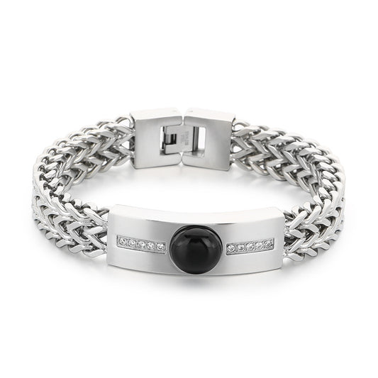 Blue Gold Black Pine Obsidian Inlaid Zircon Curved Bar Front & Back Chain Stainless Bracelet