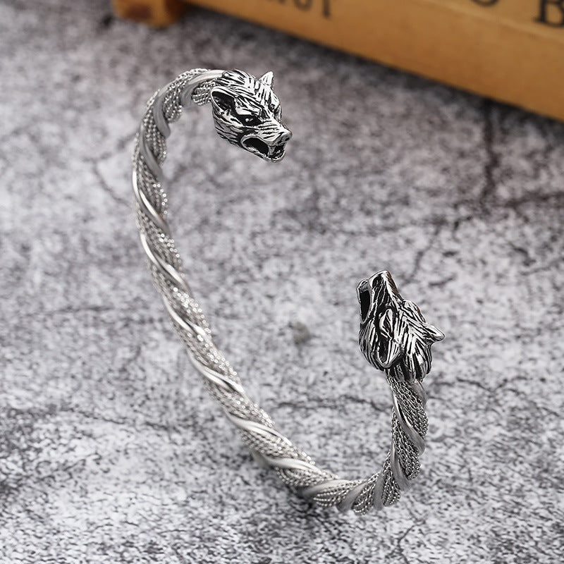 Double Wolf Head Punk Titanium Steel Men's Bracelet