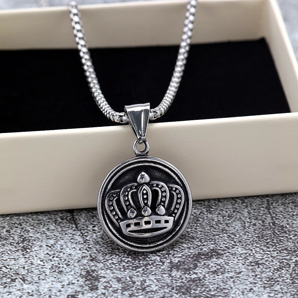 Vintage Crown Stainless Steel Pendant Necklace