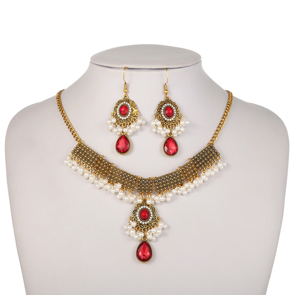 Tassel Gem Pearl Necklace and Earrings Set - Savanna Rhythms