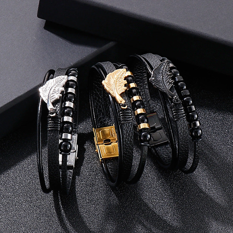 Planderful Multi Layer Feather Woven Leather Bracelet For Men