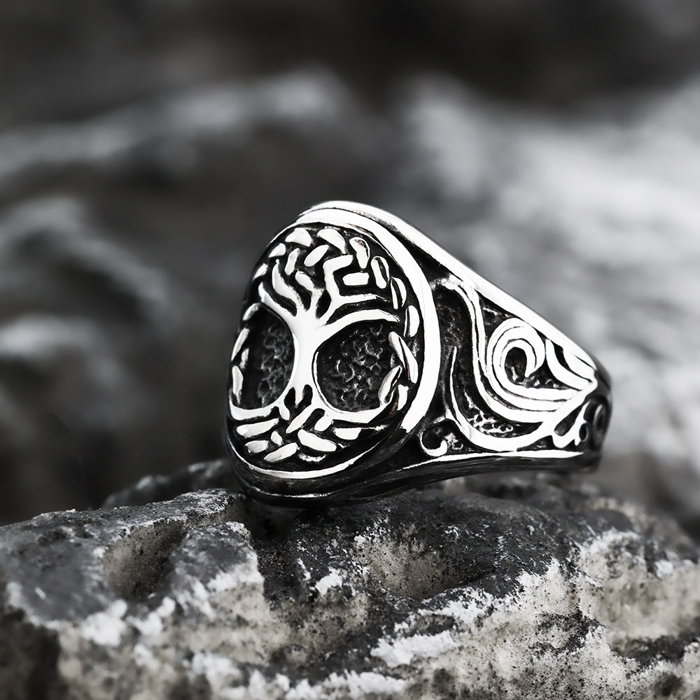 Planderful Viking Tree Of Life Ring For Men Three Dimensional Titanium Steel Ring Domineering Retro Polish