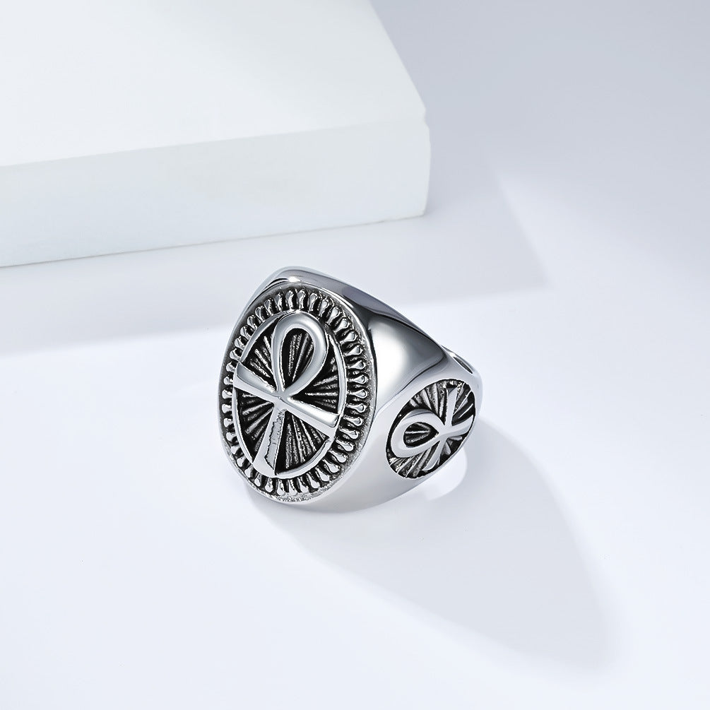Planderful Men's Stainless Steel Geometric Ring Ankh Cross Retro Egypt Inspired Fashion Jewelry