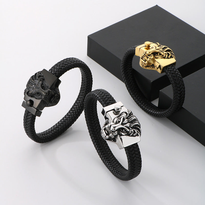 Planderful Mens Leather Bracelet Lion Head Titanium