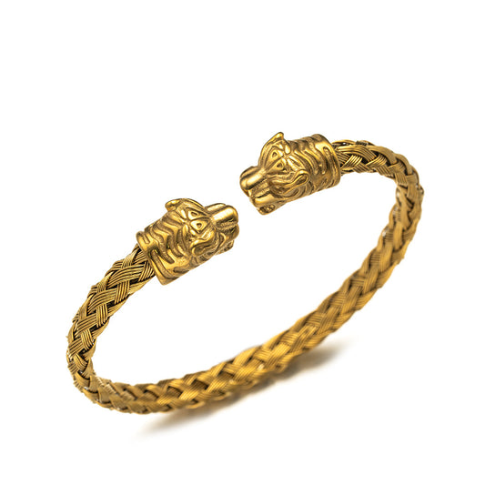 Planderful Everyday Genie Men's Tiger Head Stainless Steel Woven Bracelet Domineering Open Cuff Jewelry