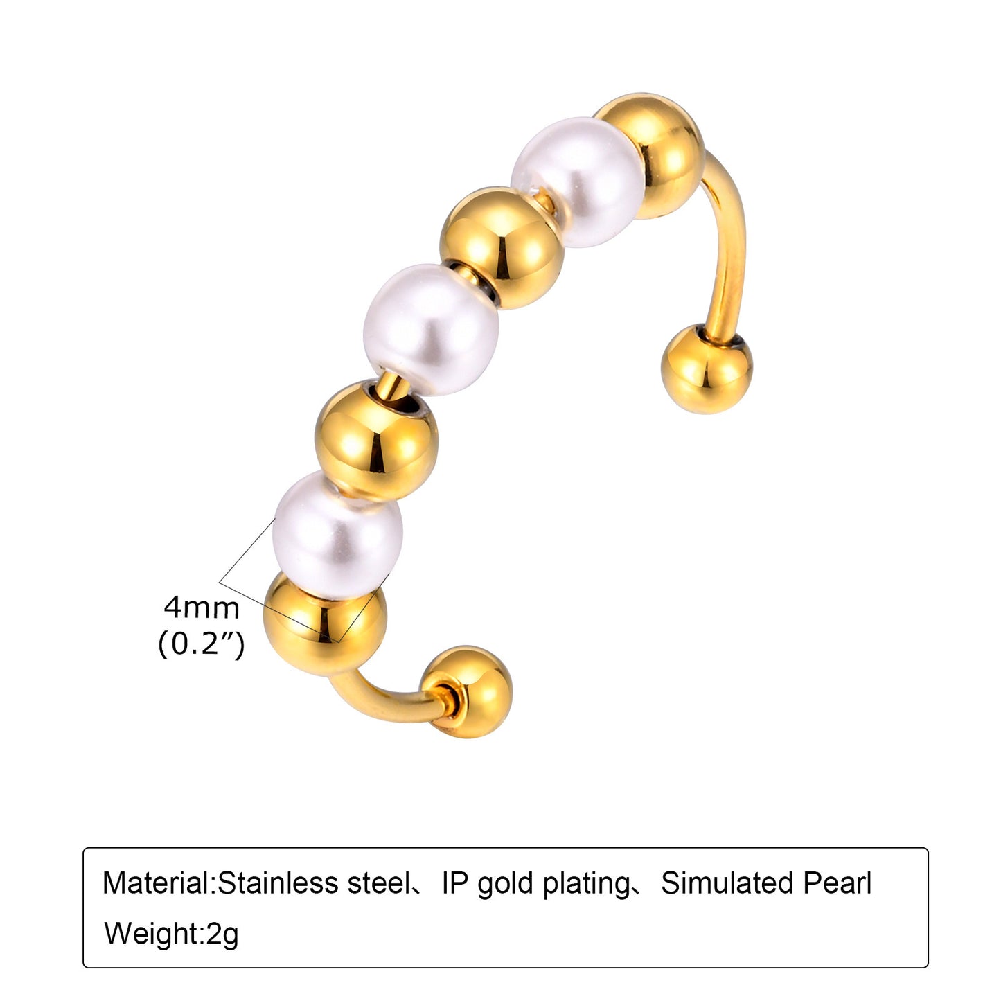 Stainless Steel Imitation Pearl Beaded Open Ring Women's Fashion Accessories Gold