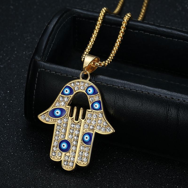 Planderful Everyday Genie Unisex Hamsa Fatima Evil Eye Necklace Hip Hop Style Titanium Steel Gold Plated Zircon Pendant