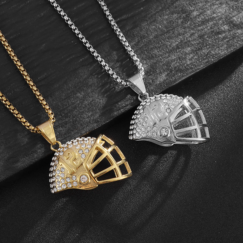 Planderful Everyday Genie Hip Hop Football Helmet Pendant Necklace Premium Gold Plated Titanium Steel Zircon