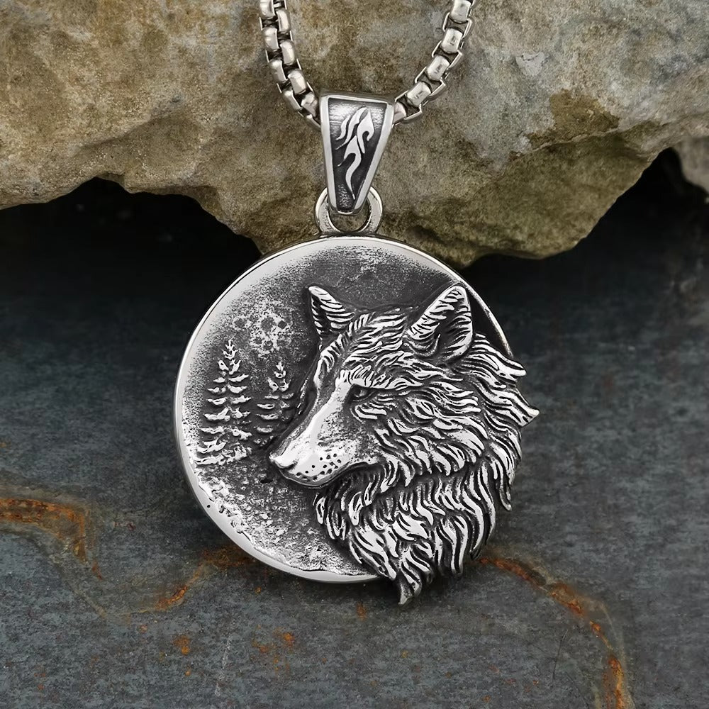 Planderful Viking Wolf Pendant Necklace Double Sided Titanium Steel For Men Norse Legacy Collection