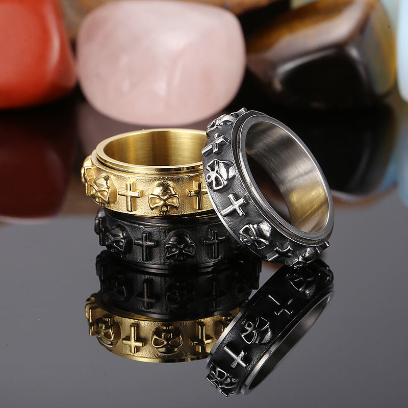 Trendy Rotatable Skull Ring for Men - Retro Cross Design in Titanium Steel