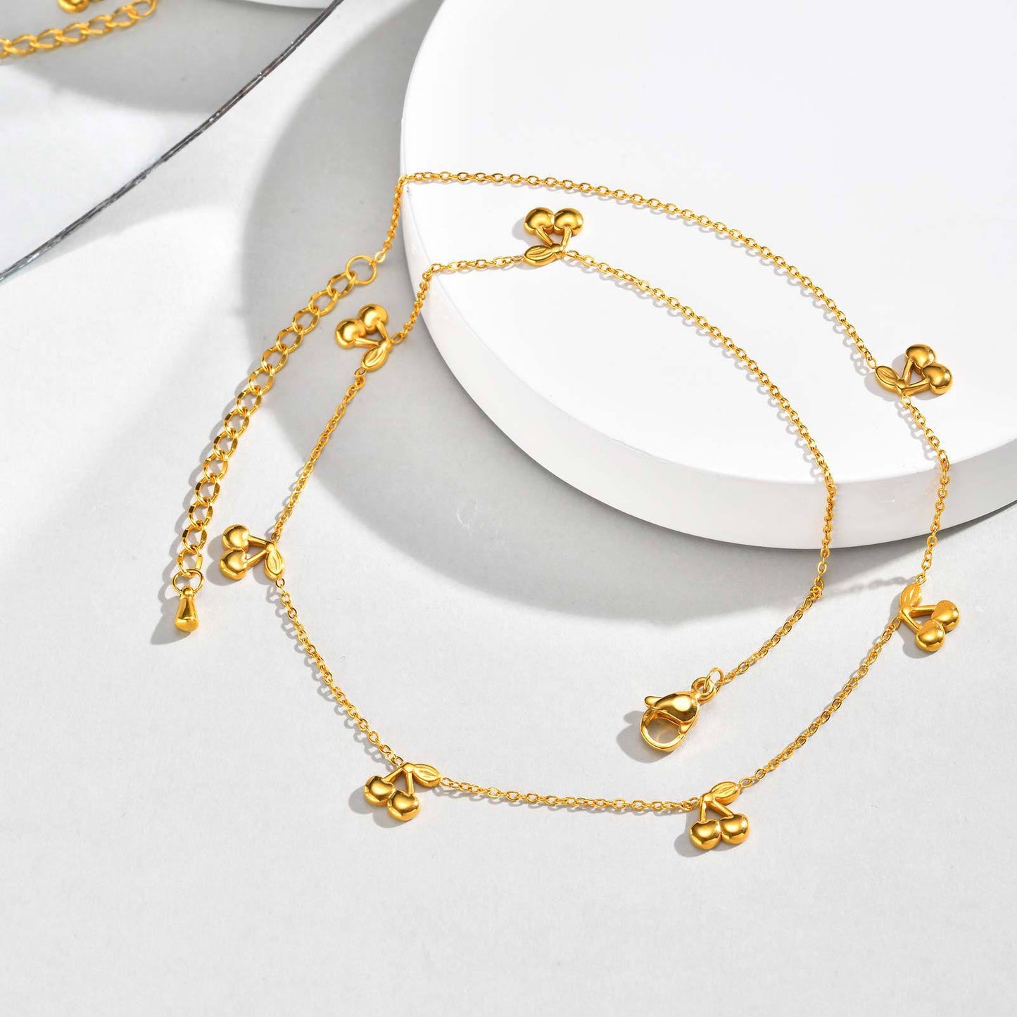 Stainless Steel Sense Zircon Glue Cherry Necklace Crystal Bead Gold