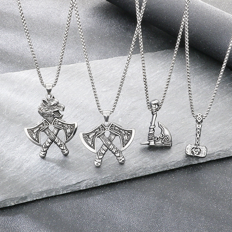 Nordic Viking Wolf Head Tomahawk Pendant, Retro Celtic Knot Warhammer Titanium Steel Necklace