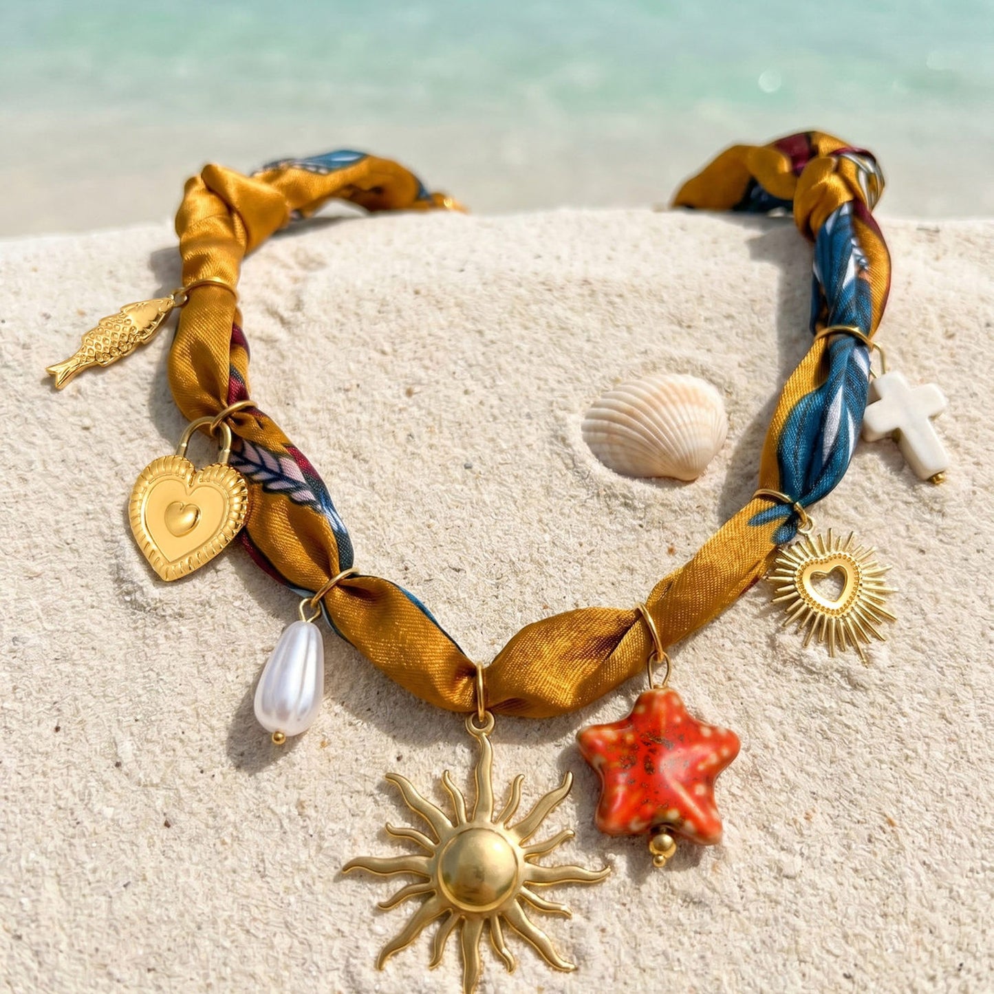 European – American Bohemian Stainless Steel Imitation Pearl Sunflower Printing Silk Necklace