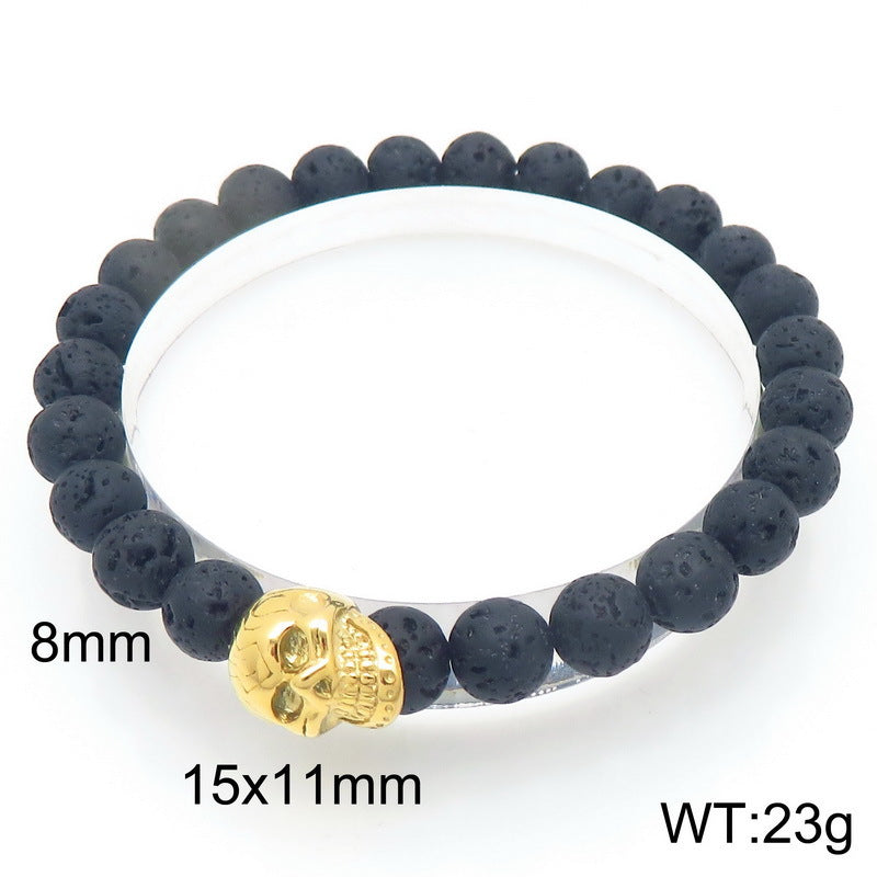 Planderful Men Skull Beaded Elastic Bracelet Volcanic Stone