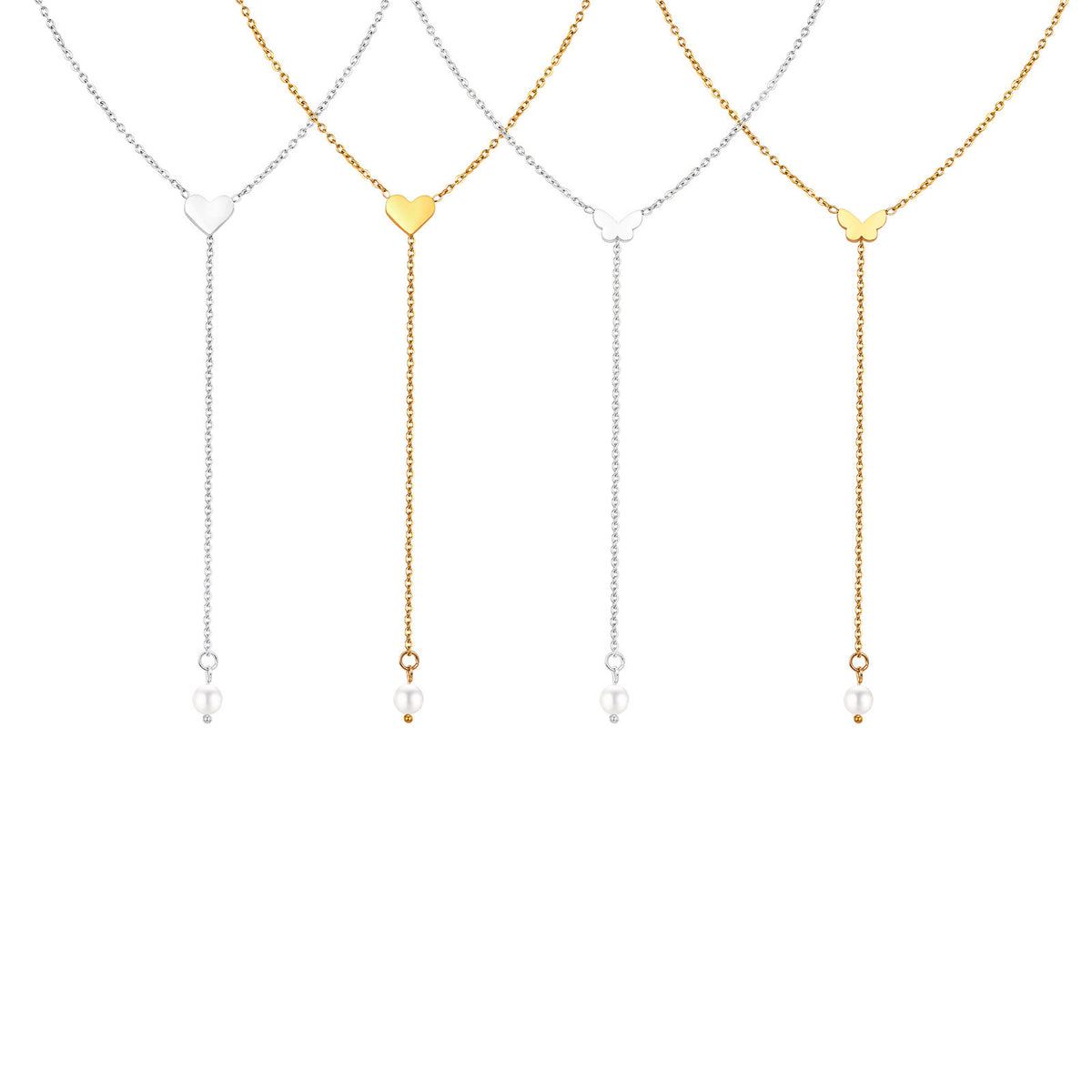 Butterfly Heart-Shaped Imitation Pearl Y-Shaped Gold Necklace Women's & Simplicity