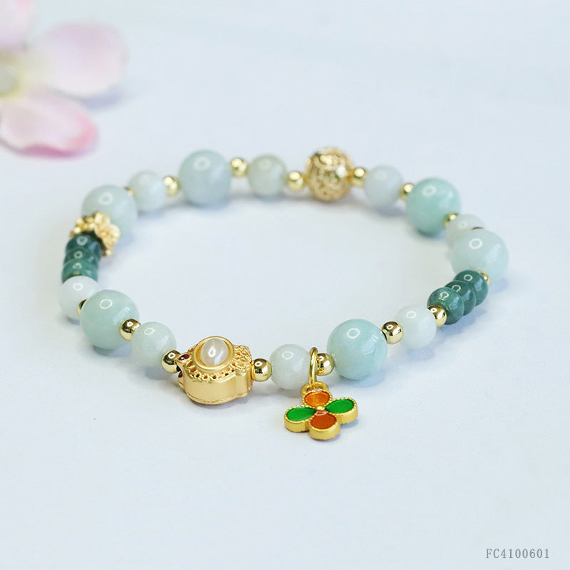 Blue Water Jadeite Four-Leaf Clover & Abacus Bead Bracelet