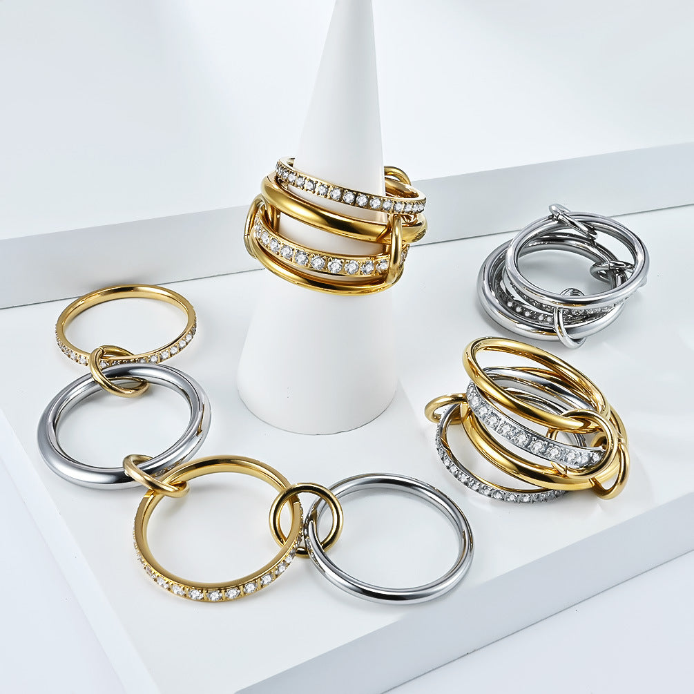 Planderful Four Layer Stacking Ring With Zircon Inlays Personalized Design For Women Titanium Steel Luxury