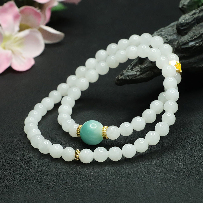 White Jade Sea Pattern Sterling Silver Bracelet
