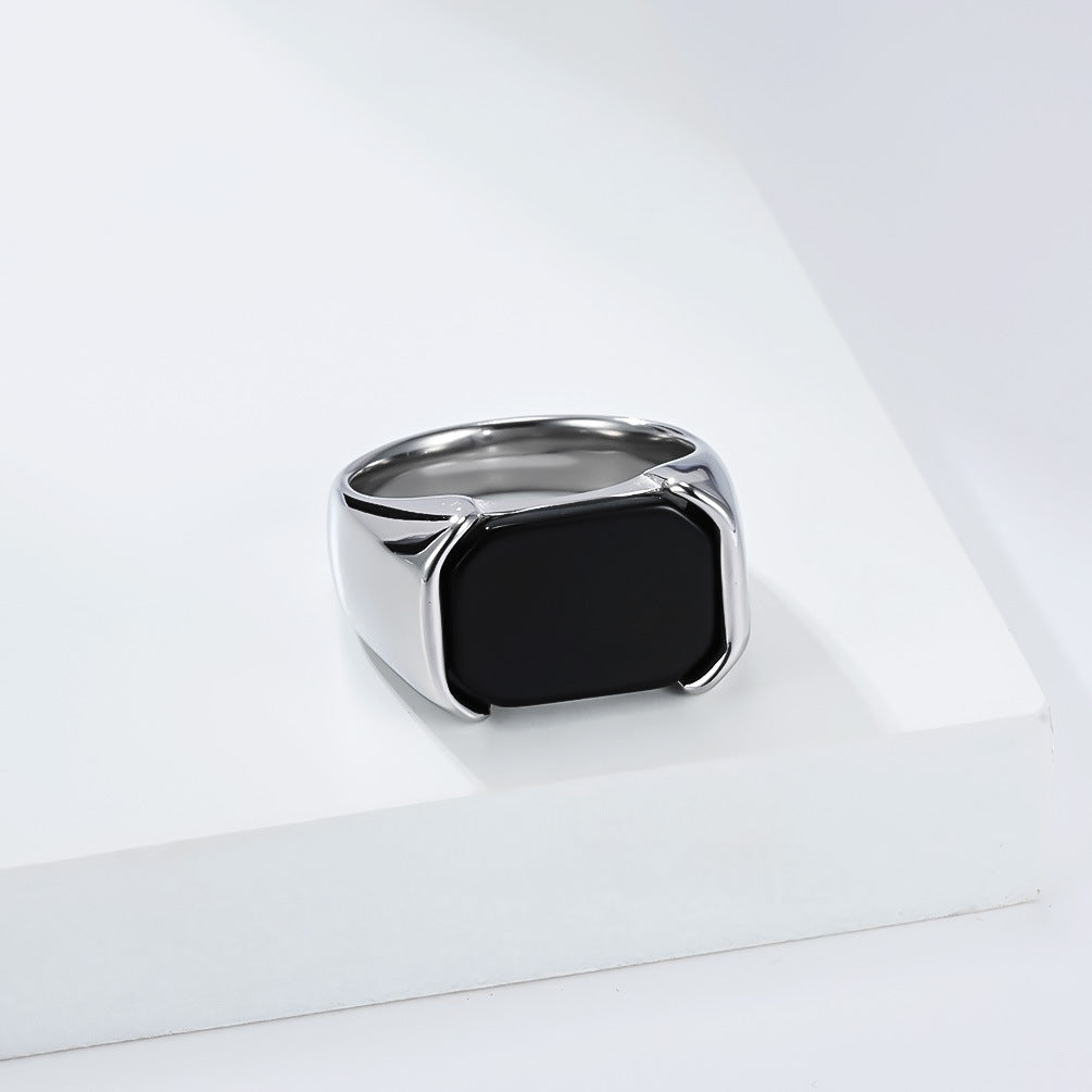 Planderful Men Stainless Steel Ring Glossy Black Stone