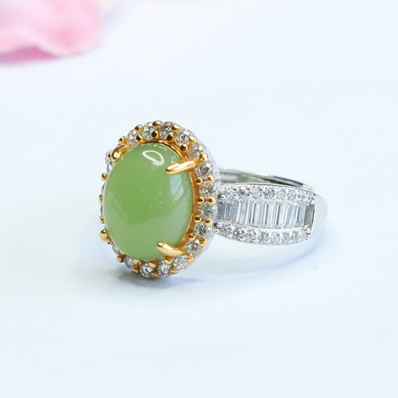 Planderful Collection: Fortune's Favor Oval Natural Hotan Jade Jasper Golden Zircon Silver Halo Ring