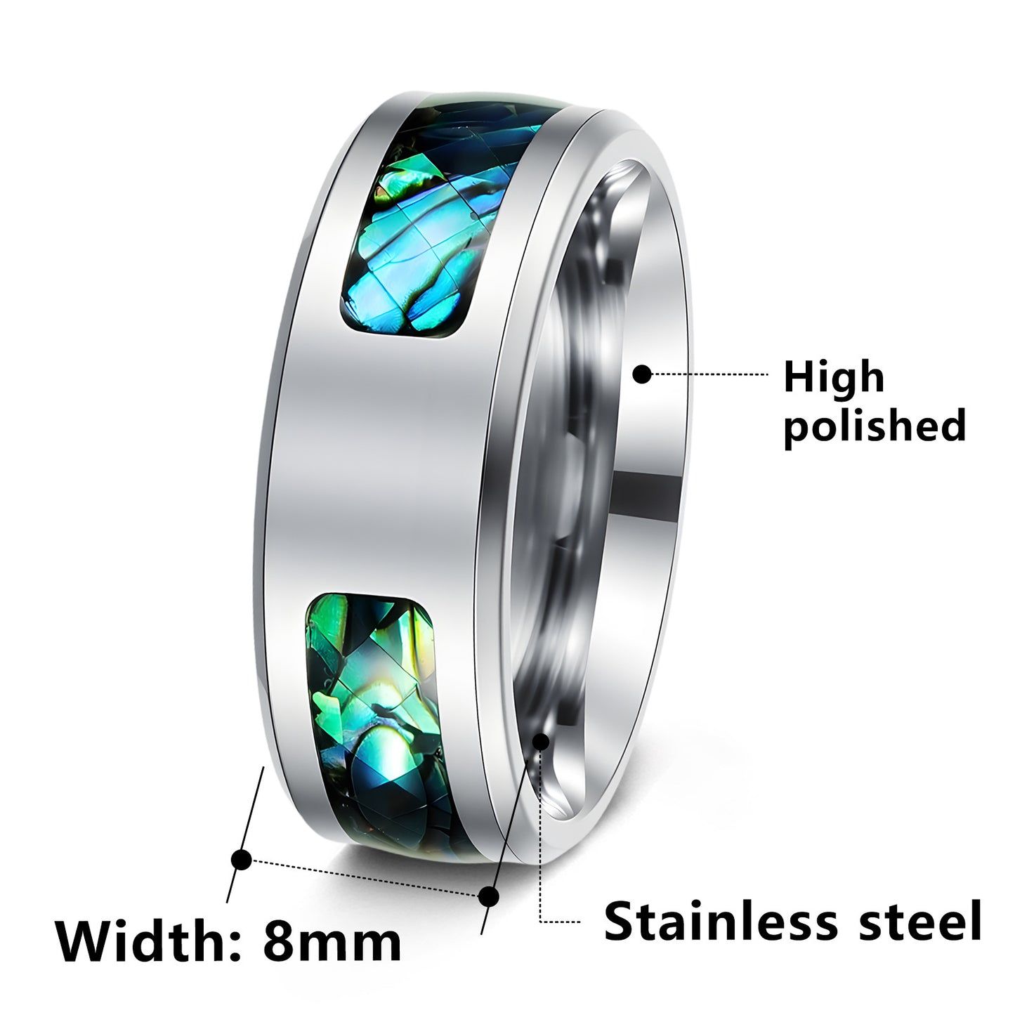 Planderful Collection Everyday Genie Premium Abalone Inlay Stainless Steel Ring Unisex For Men And Women